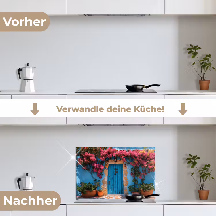 Deur - Hout - Bloemen - Blauw keuken achterwand spatscherm klein -voor_na_DE