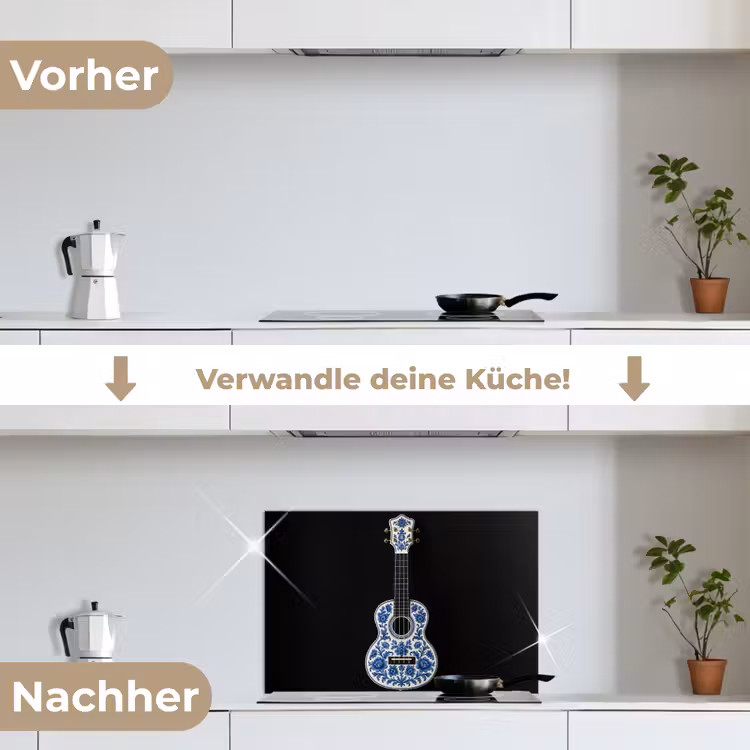 Ukelele - Delfts - Blauw - Muziek keuken achterwand spatscherm klein -voor_na_DE
