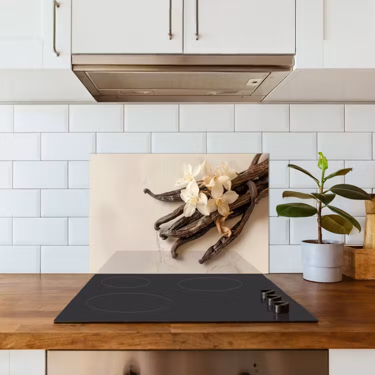 Vanille - Bloemen - Beige keuken achterwand spatscherm klein -sfeer2