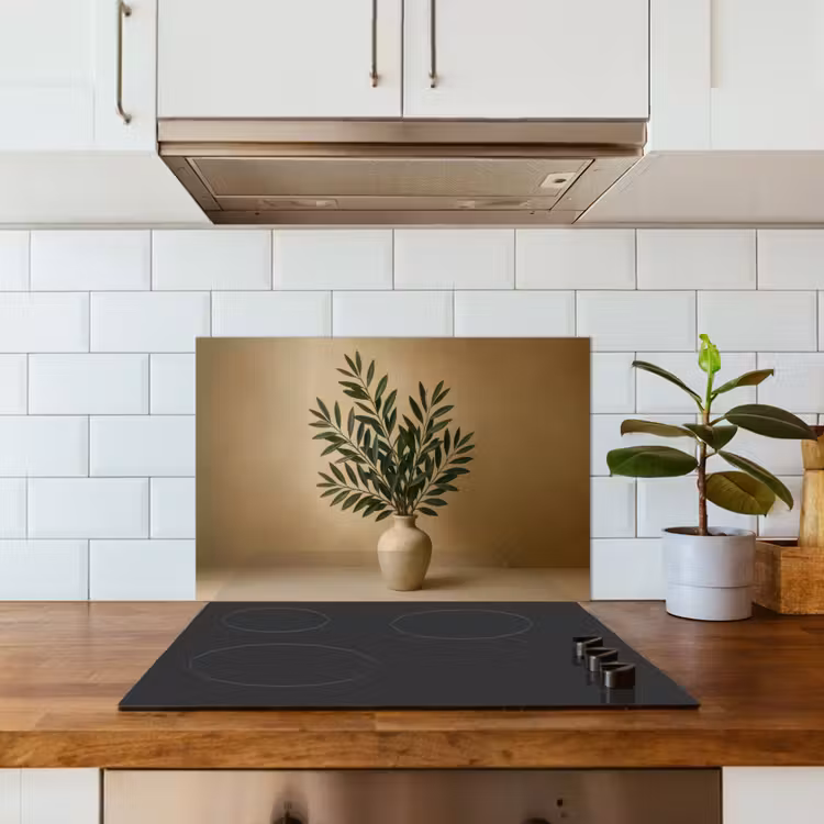 Vaas - Olijftakken - Bladeren - Beige keuken achterwand spatscherm klein -sfeer2