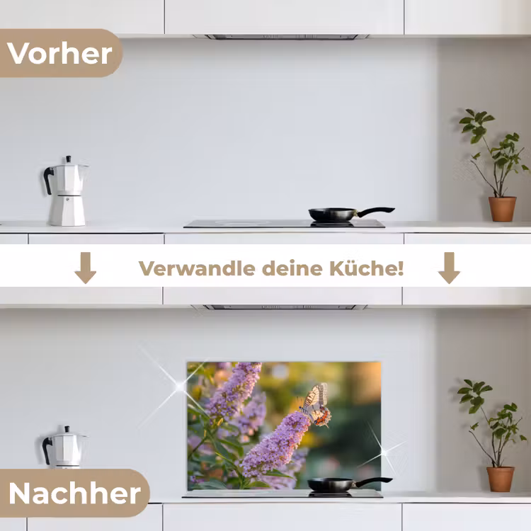 Sierlijke - Vlinder - Paarse - Bloemen keuken achterwand spatscherm klein -voor_na_DE