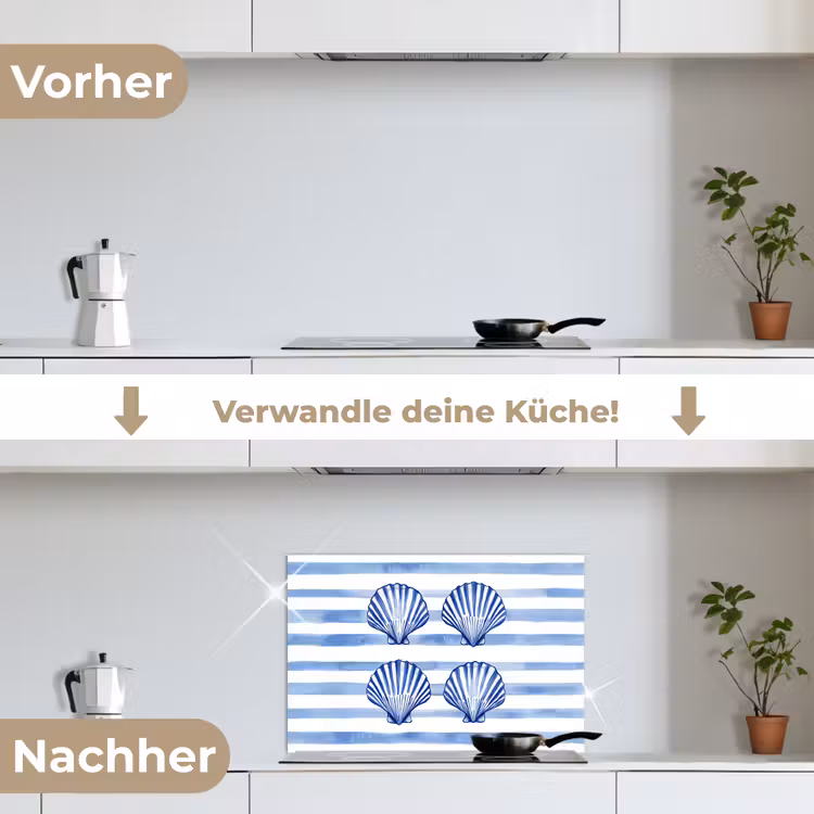 Vier schelpen - Blauw - Wit - Strepen keuken achterwand spatscherm klein -voor_na_DE