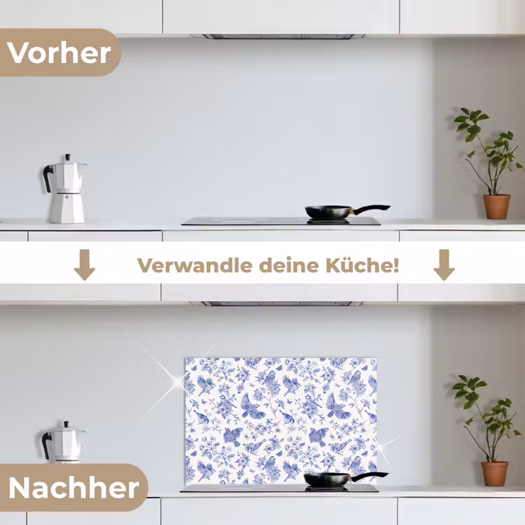 Birds - Flowers - Blue keuken achterwand spatscherm klein 900 -voor_na_DE