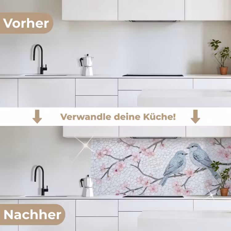 Vogel - Bloemen - Natuur - Mozaïek - Roze keuken achterwand 2 middel -voor-na_DE