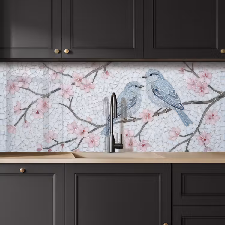 Vogel - Bloemen - Natuur - Mozaïek - Roze keuken achterwand 2 middel -sfeer1