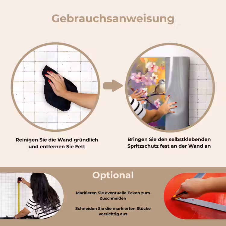 Vogels - Bloemen - Roze keuken achterwand spatscherm klein -gebruiksaanwijzing_DE