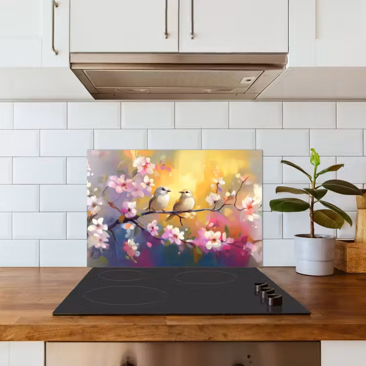 Vogels - Bloemen - Roze keuken achterwand spatscherm klein -sfeer2