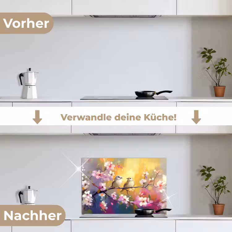 Vogels - Bloemen - Roze keuken achterwand spatscherm klein -voor_na_DE