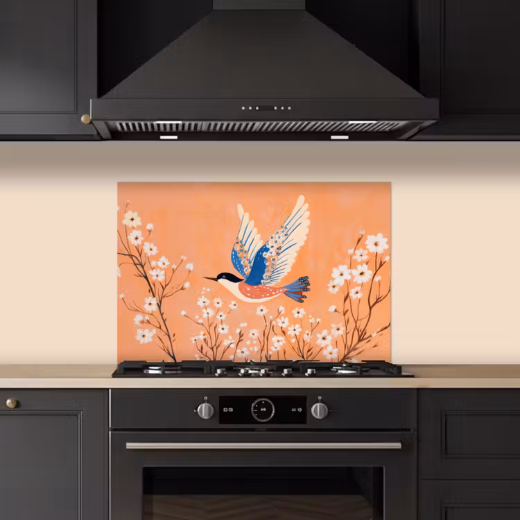 Vogel - Bloesemtakken - Warm - Kleurrijk keuken achterwand spatscherm klein -sfeer1