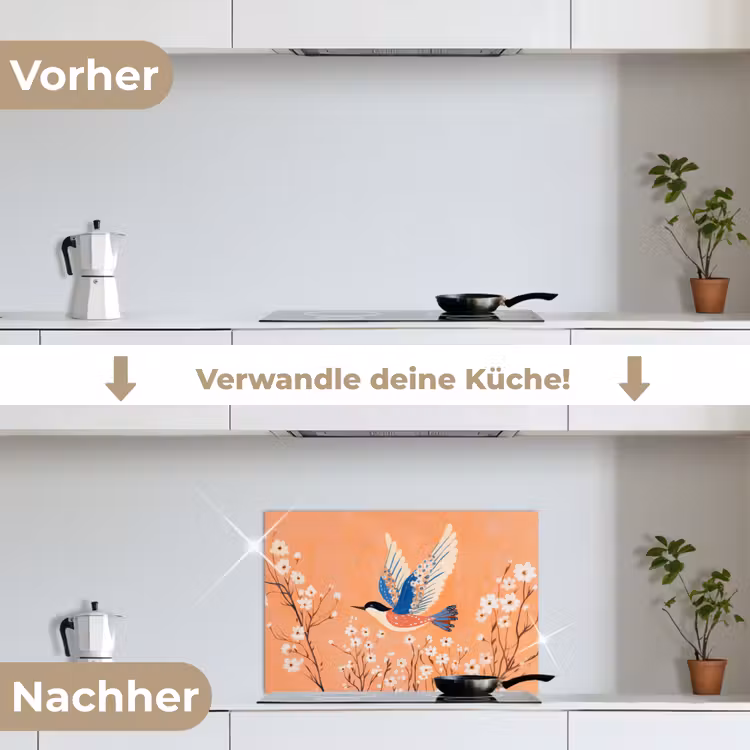 Vogel - Bloesemtakken - Warm - Kleurrijk keuken achterwand spatscherm klein -voor_na_DE
