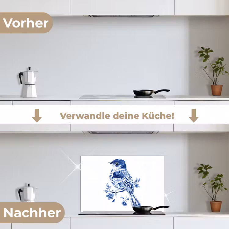 Vogel - Delfts blauw - Illustratie - Bloemen keuken achterwand spatscherm klein -voor_na_DE