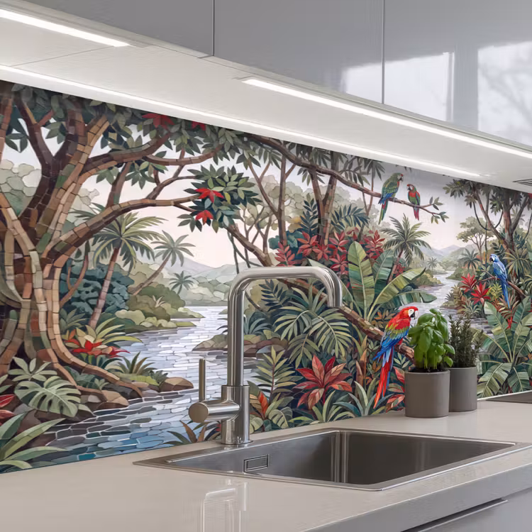 Vogel - Jungle - Natuur - Mozaïek - Groen keuken achterwand 2 middel -3d_schuin