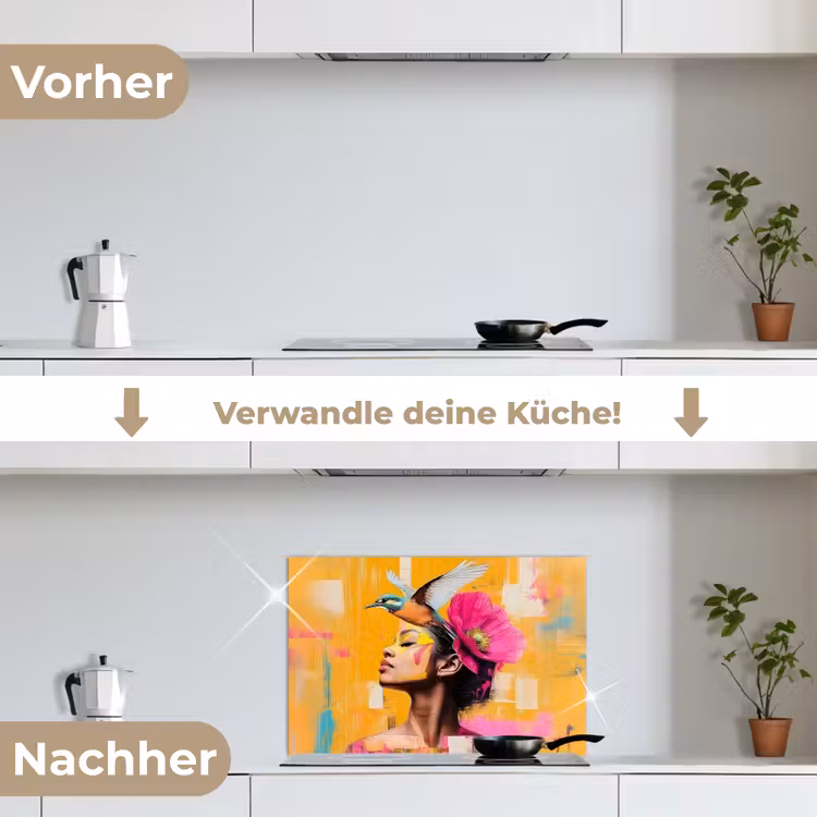 Vogel - Vrouw - Abstract - Bloem keuken achterwand spatscherm klein -voor_na_DE