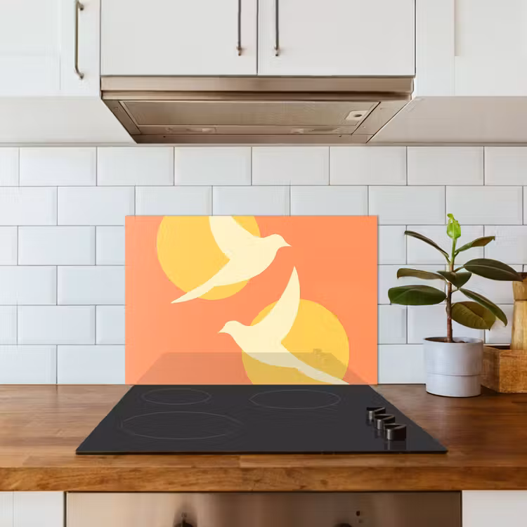 Vogels - Cirkels - Geel keuken achterwand spatscherm klein -sfeer2