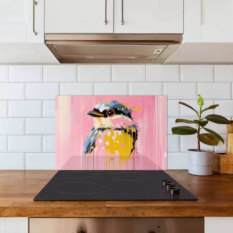 Vogel - Roze - Geel - Blauw keuken achterwand spatscherm klein -sfeer2