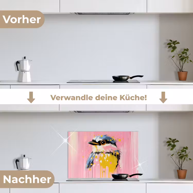 Vogel - Roze - Geel - Blauw keuken achterwand spatscherm klein -voor_na_DE