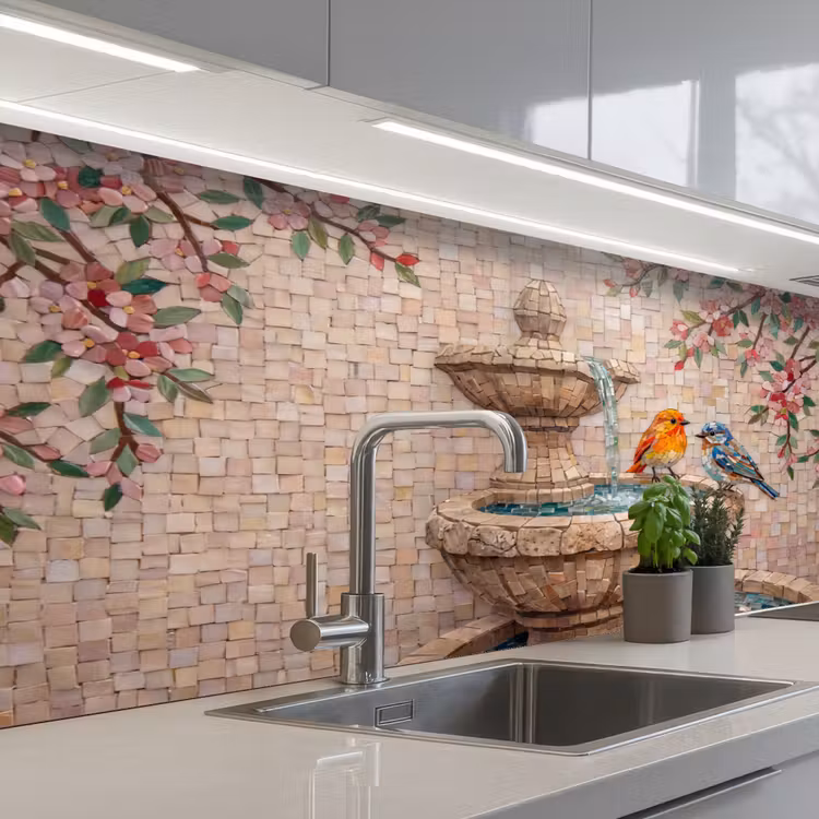 Vogel - fontein - mozaiek - kleurrijk - dieren keuken achterwand 2 middel -3d_schuin