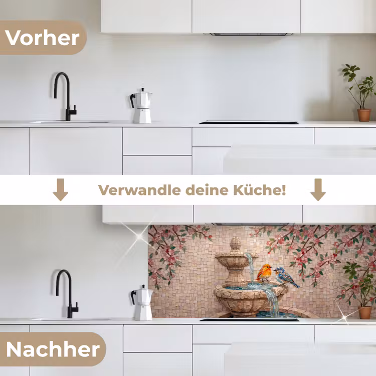 Vogel - fontein - mozaiek - kleurrijk - dieren keuken achterwand 2 middel -voor-na_DE