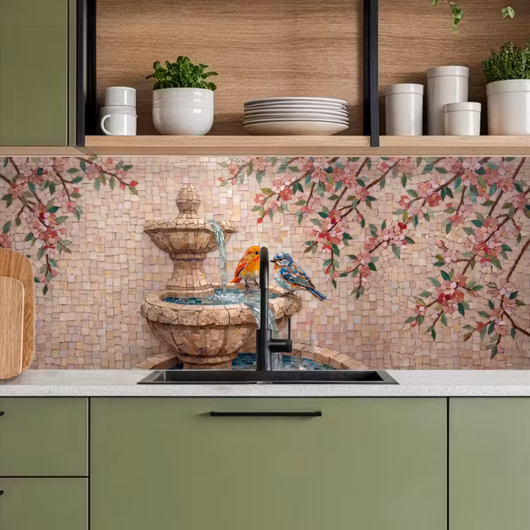 Vogel - fontein - mozaiek - kleurrijk - dieren keuken achterwand 2 middel -sfeer3