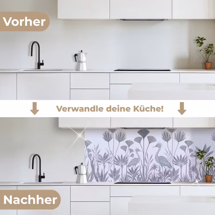 Vogel - Tropisch - Illustratie - Blauwgrijs - Natuur keuken achterwand 2 middel -voor-na_DE