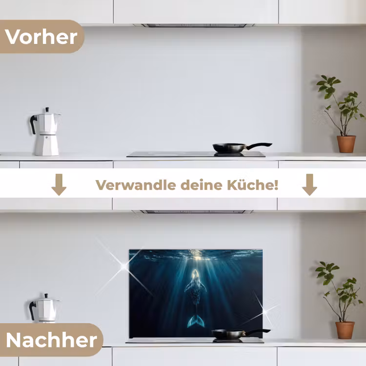 Walvis - Water - Zonnestralen - Blauw keuken achterwand spatscherm klein -voor_na_DE