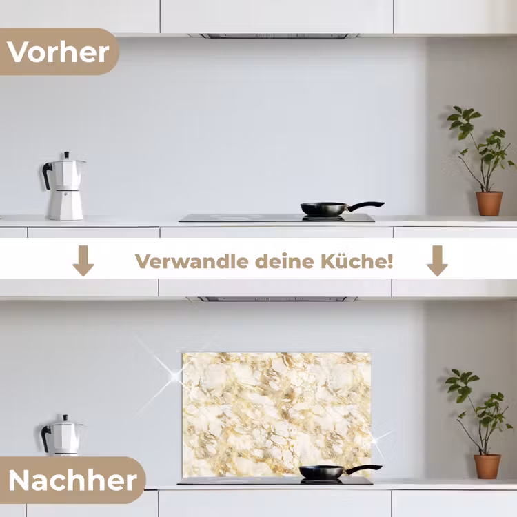 Warm - Gouden - Marmer - Patroon keuken achterwand spatscherm klein 900 -voor_na_DE