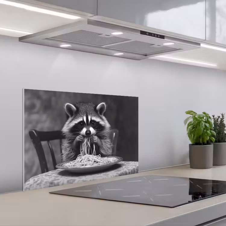 Wasbeer - Cute - Pasta - Tafelkleed - Zwart - Wit keuken achterwand spatscherm klein -3d_schuin