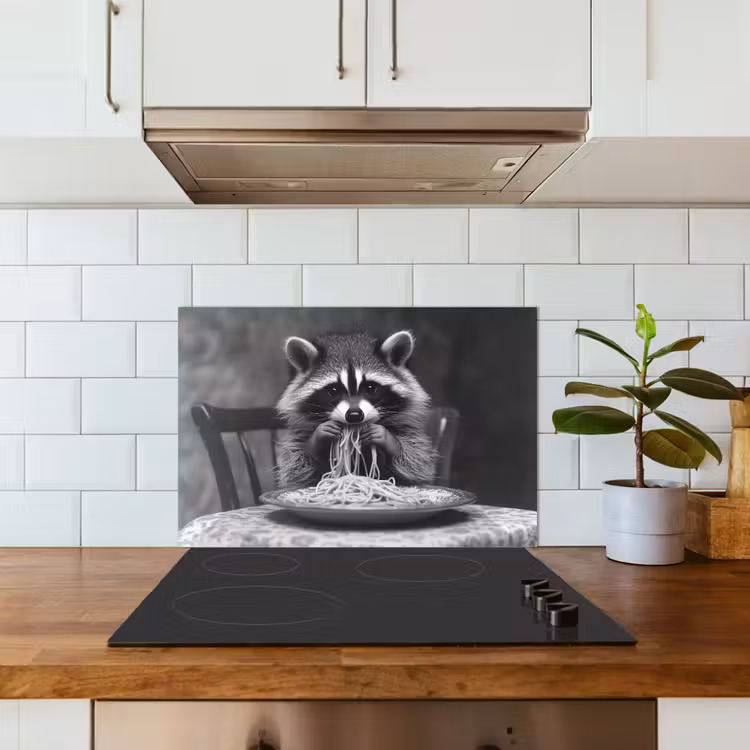 Wasbeer - Cute - Pasta - Tafelkleed - Zwart - Wit keuken achterwand spatscherm klein -sfeer2