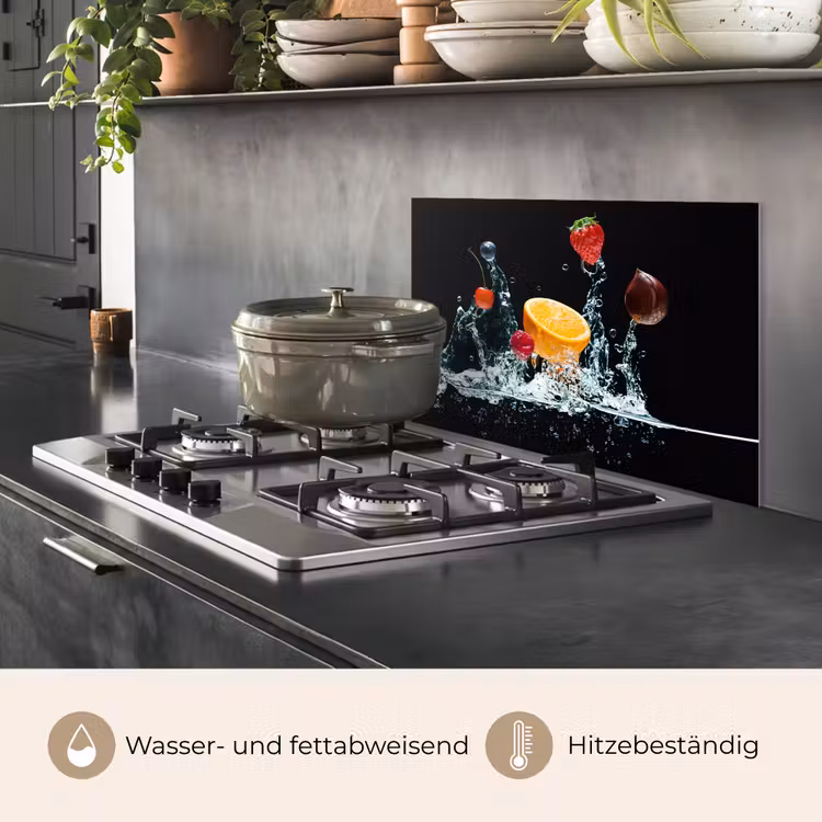 Water - Fruit - Sinaasappel - Aardbei - Kers - Zwart keuken achterwand spatscherm klein -usp_DE