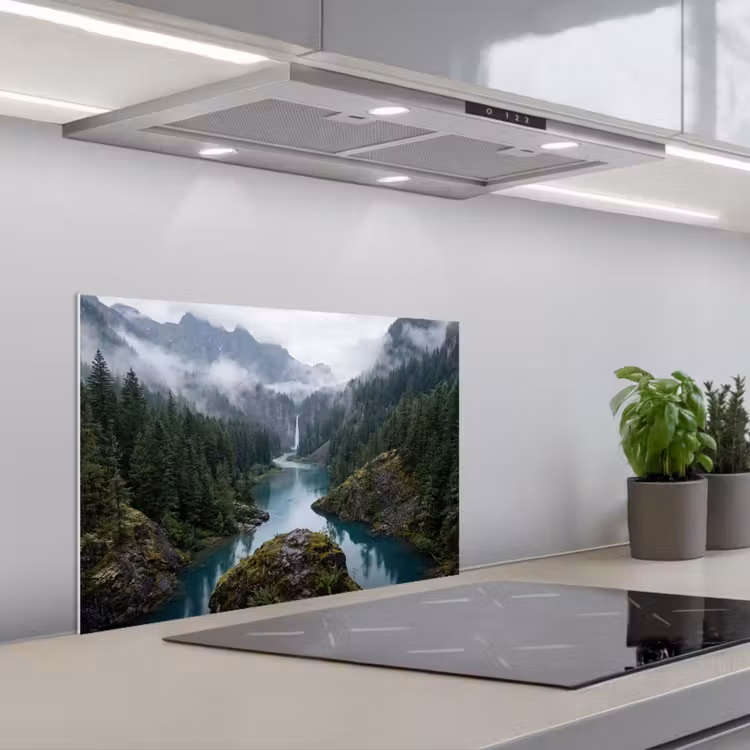 Waterval - Bomen - Bergen keuken achterwand spatscherm klein -3d_schuin