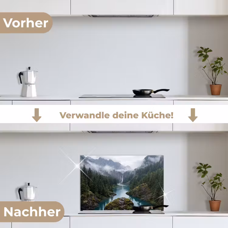 Waterval - Bomen - Bergen keuken achterwand spatscherm klein -voor_na_DE