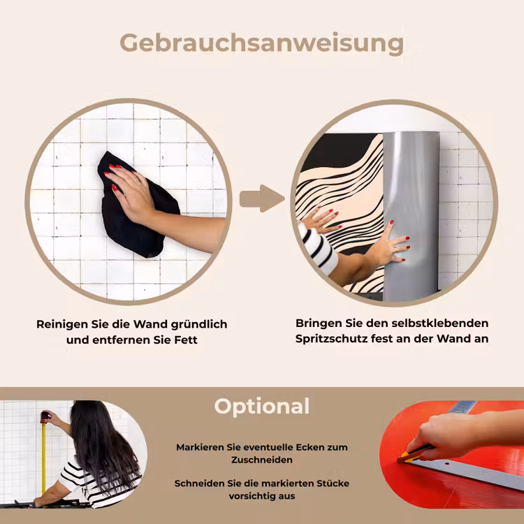 Golven - Zwart - Zandkleur keuken achterwand spatscherm klein -gebruiksaanwijzing_DE