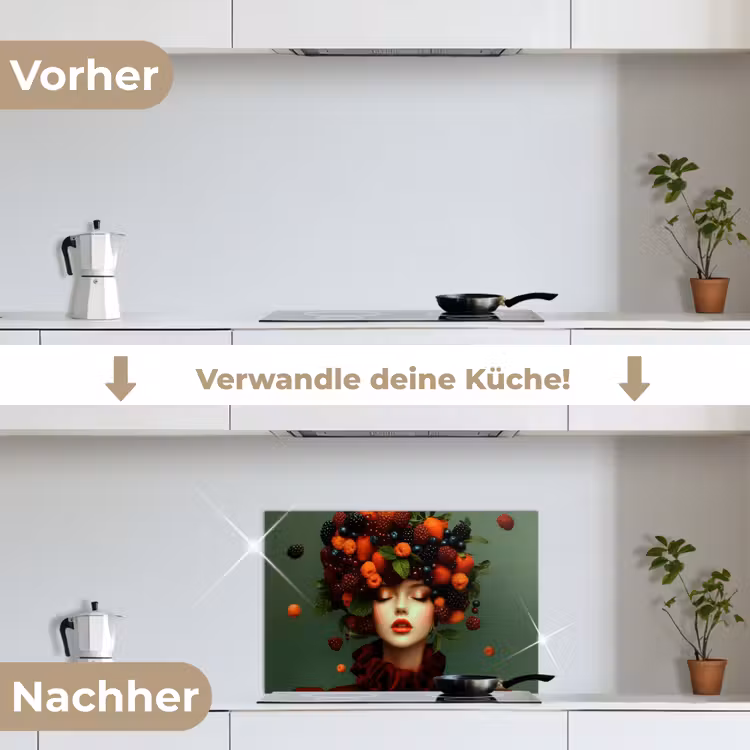 Vrouw - Aardbeien - Frambozen - Bramen - Bessen keuken achterwand spatscherm klein -voor_na_DE