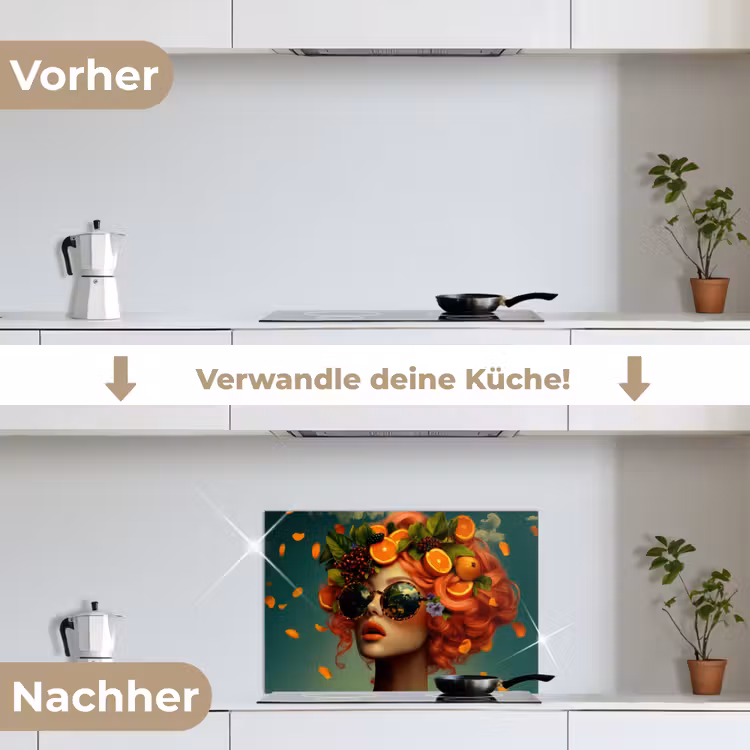 Vrouw - Sinaasappel - Bessen - Oranje keuken achterwand spatscherm klein -voor_na_DE