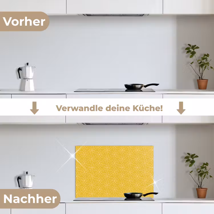 Wit - Geel - Patroon - Geometrisch keuken achterwand spatscherm klein 900 -voor_na_DE