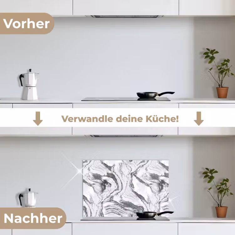 Wit - Marmer - Golvend - Grafiet keuken achterwand spatscherm klein 900 -voor_na_DE
