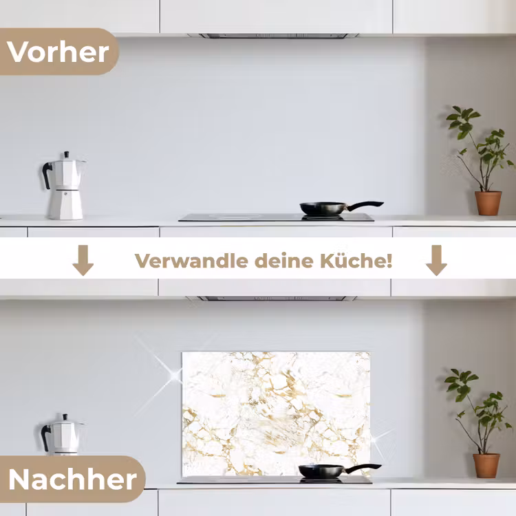 Wit - Marmer - Luxe - Goud keuken achterwand spatscherm klein 900 -voor_na_DE