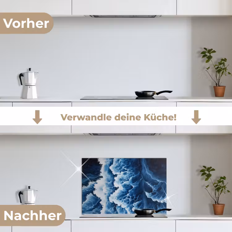 Golven - Blauw - Schuim keuken achterwand spatscherm klein -voor_na_DE