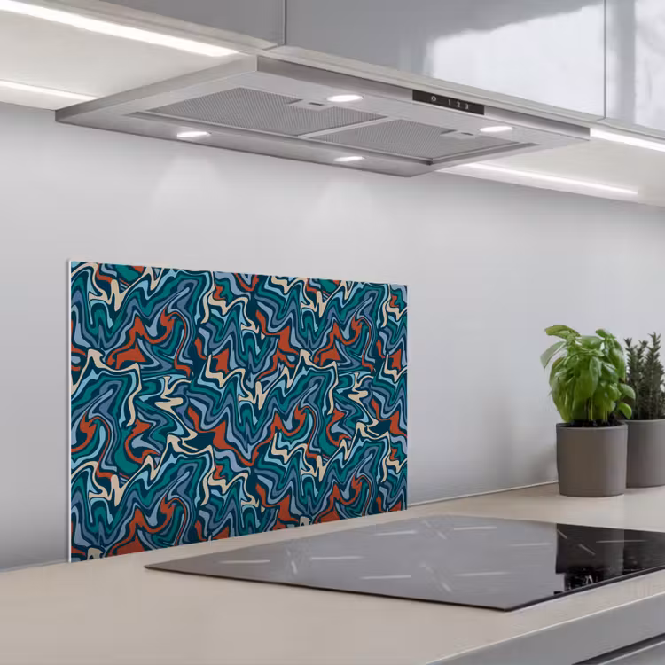 Golven - Retro - Blauw - Patroon keuken achterwand spatscherm klein 900 -3d_schuin