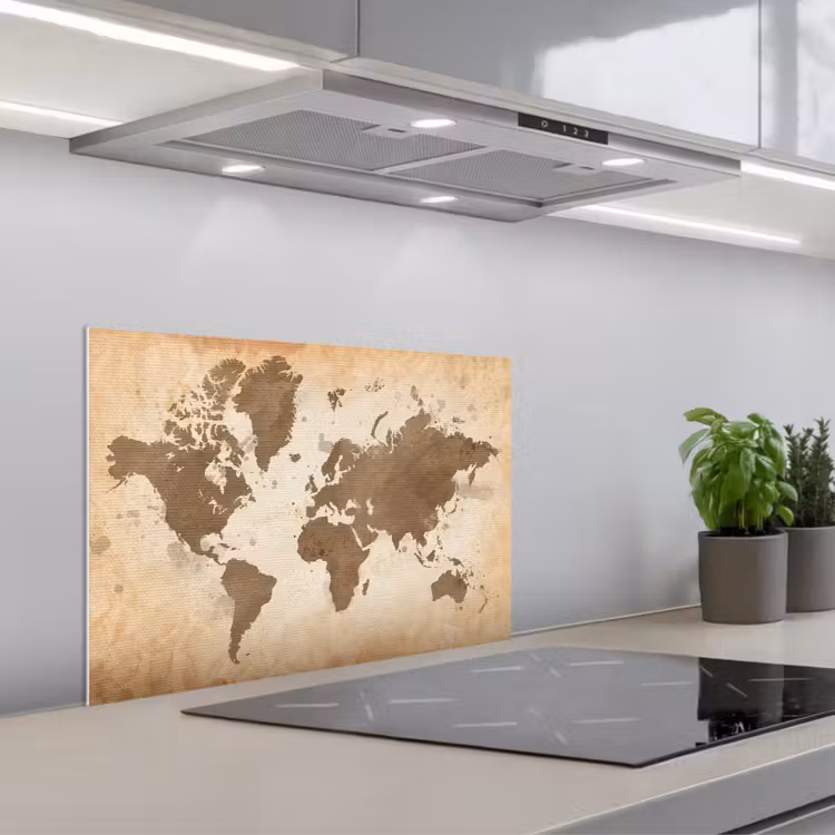 Wereldkaart - Beige - Bruin keuken achterwand spatscherm klein -3d_schuin