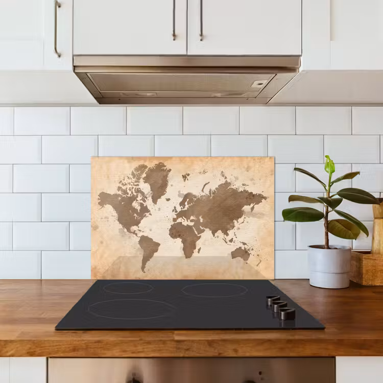 Wereldkaart - Beige - Bruin keuken achterwand spatscherm klein -sfeer2