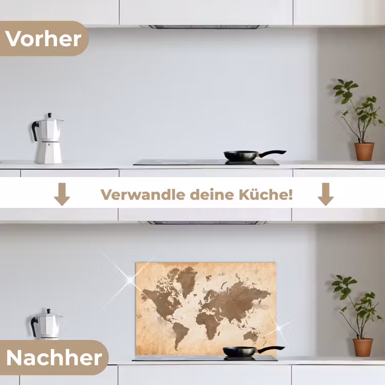 Wereldkaart - Beige - Bruin keuken achterwand spatscherm klein -voor_na_DE