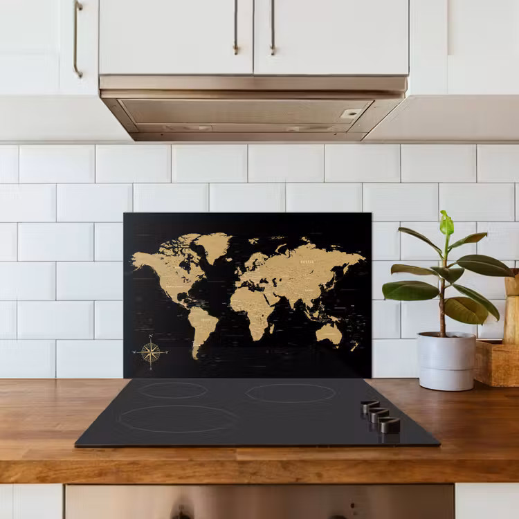 Wereldkaart - Beige - Zwart keuken achterwand spatscherm klein -sfeer2