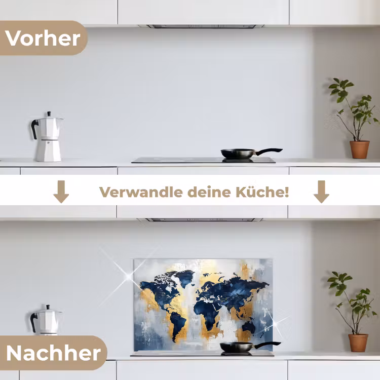 Wereldkaart - Blauw - Abstract keuken achterwand spatscherm klein -voor_na_DE