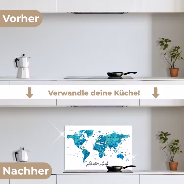 Wereldkaart - Blauw - Kleurrijk keuken achterwand spatscherm klein -voor_na_DE