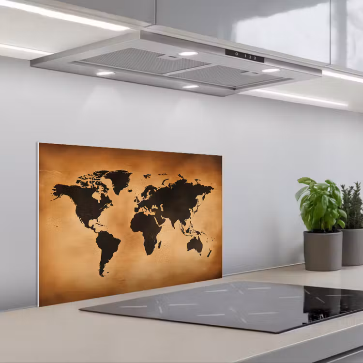 Wereldkaart - Bruin - Kaart keuken achterwand spatscherm klein -3d_schuin