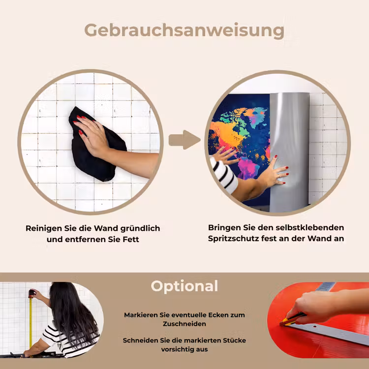 Wereldkaart - Kleurrijk - Graffiti keuken achterwand spatscherm klein -gebruiksaanwijzing_DE