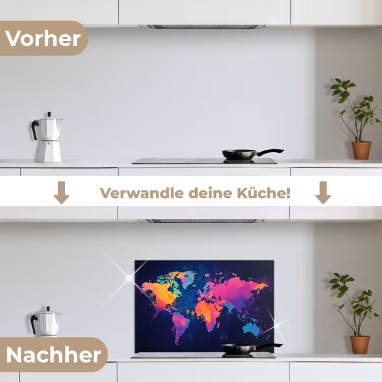 Wereldkaart - Kleurrijk - Graffiti keuken achterwand spatscherm klein -voor_na_DE