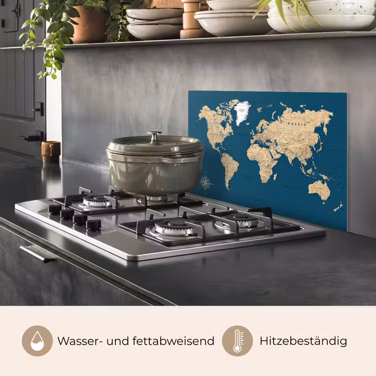 Wereldkaart - Donkerblauw - Beige keuken achterwand spatscherm klein -usp_DE