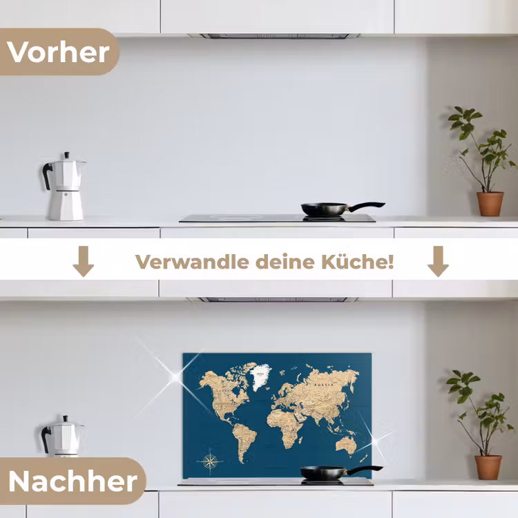 Wereldkaart - Donkerblauw - Beige keuken achterwand spatscherm klein -voor_na_DE